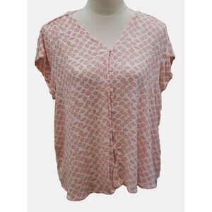 Women's Liz Claiborne Peach White Pullover Blouse, Loose Fitting V Neck, Size XL